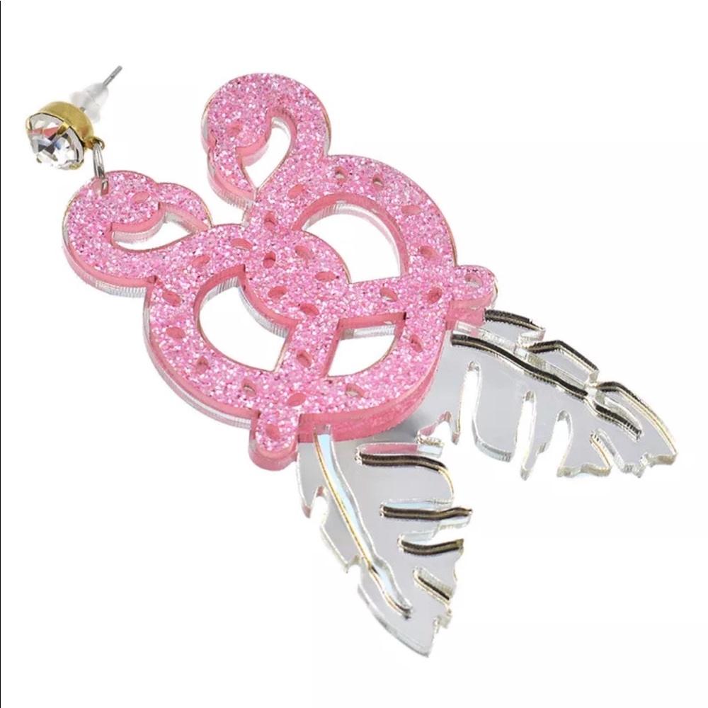 Pink flamingo mirror glitter heart earrings huge reflective silver oversized big - Picture 1 of 5
